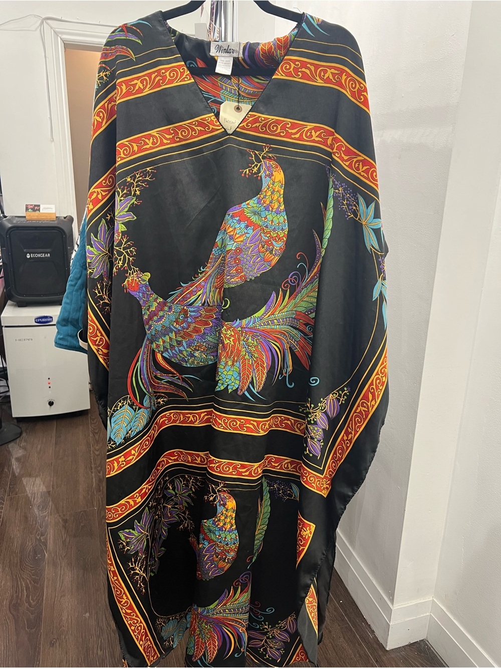 Vintage Winlar Vibrant Peacock Print Black Silk Caftan OS XL